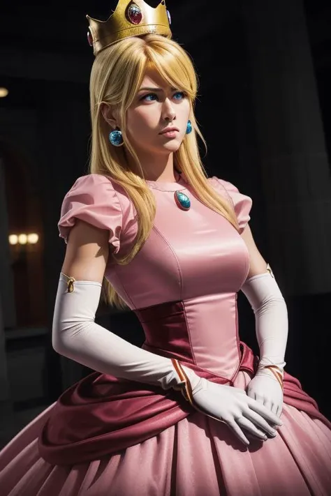 professional detailed (medium shot) photo, (samus aran) dressed in (puffy pink peachdress), (long straight blonde hair), (puffy short sleeves, jewelry, dress, princess crown, jewel brooch, white princess elbow gloves), masterpiece, best quality, 1girl, (perfect face, beautiful face, symmetric face)