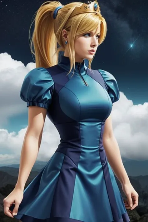 (samus aran) dressed in (blue peachdress), (ponytail, hair tie), (puffy short sleeves, jewelry, dress, princess crown),