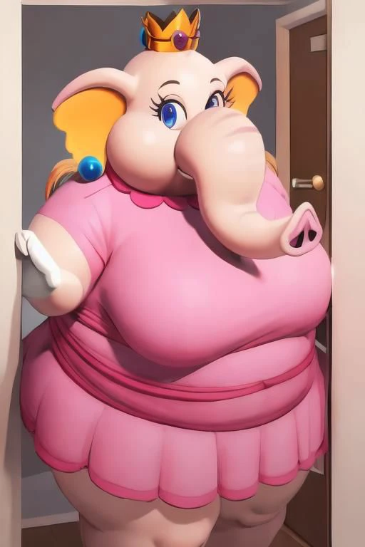 (masterpiece, best quality), 1girl, large, obese, female, elephant, pink dress, white gloves, crown on her head, blue pearl earrings:1.1, pink skin, <lora:1657550037332782061:1> 1girl, open door, doorway, pizza box, (hold close pizza box:1.2), out of frame, breasts, long hair, looking at viewer,