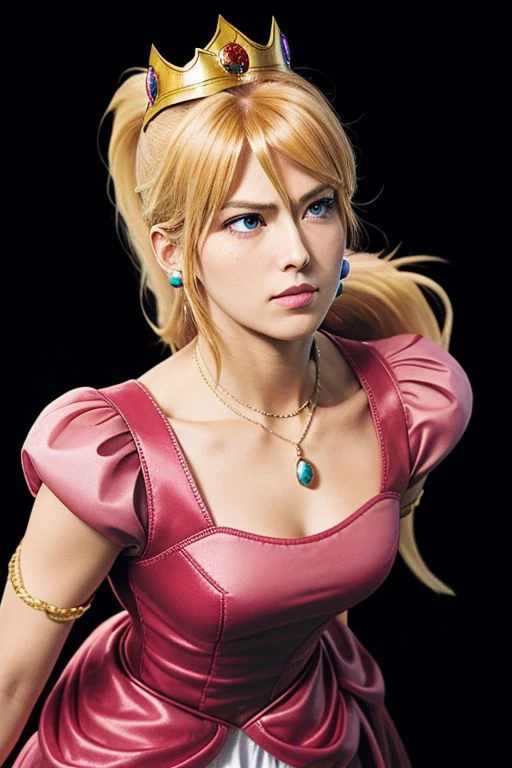 masterpiece, best quality, (samus aran) dressed in (pink peachdress), (ponytail, hair tie), (puffy short sleeves, jewelry, dress, princess crown), (perfect face, beautiful face, symmetric face)