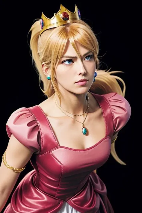 masterpiece, best quality, (samus aran) dressed in (pink peachdress), (ponytail, hair tie), (puffy short sleeves, jewelry, dress, princess crown), (perfect face, beautiful face, symmetric face)