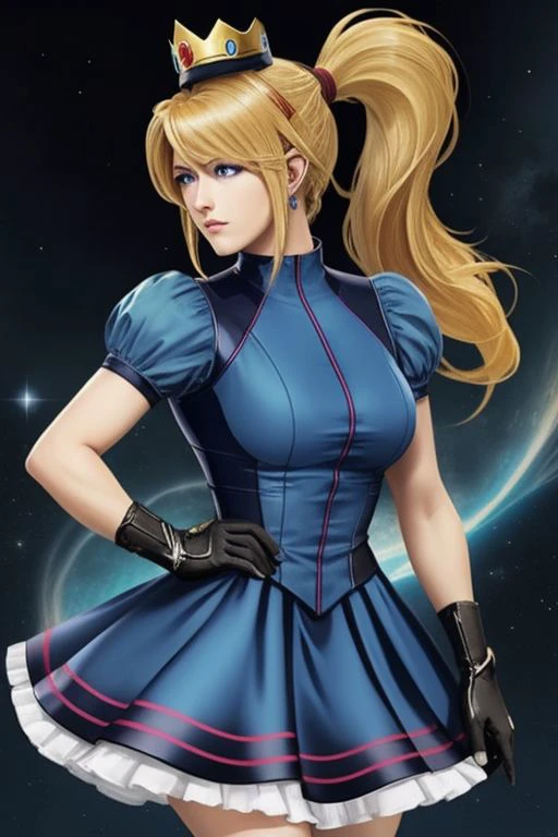(samus aran) dressed in (blue peachdress), (ponytail, hair tie), (puffy short sleeves, jewelry, dress, princess crown), masterpiece, best quality, (perfect face, beautiful face, symmetric face)