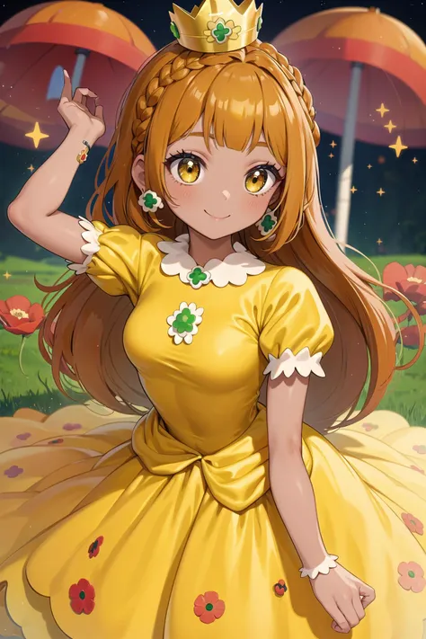 best quality, ultra-detailed, (1girl, solo, <lyco:princess_peach_dress_outfit-v1:1>,daisydress, yellow dress, puffy short sleeves, jewelry,dress,  dark skin , bangs,  smile , crown braid hair , ), in a poppy meadow