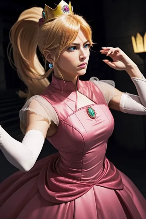 masterpiece, best quality, (samus aran) dressed in (pink peachdress), (ponytail, hair tie), (puffy short sleeves, jewelry, dress, princess crown), (perfect face, beautiful face, symmetric face)