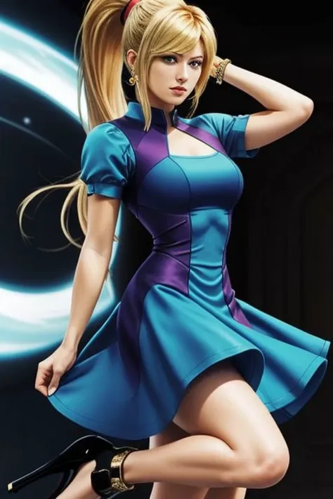 (samus aran) dressed in (blue peachdress), (ponytail, hair tie, high heels), (puffy short sleeves, jewelry, dress),