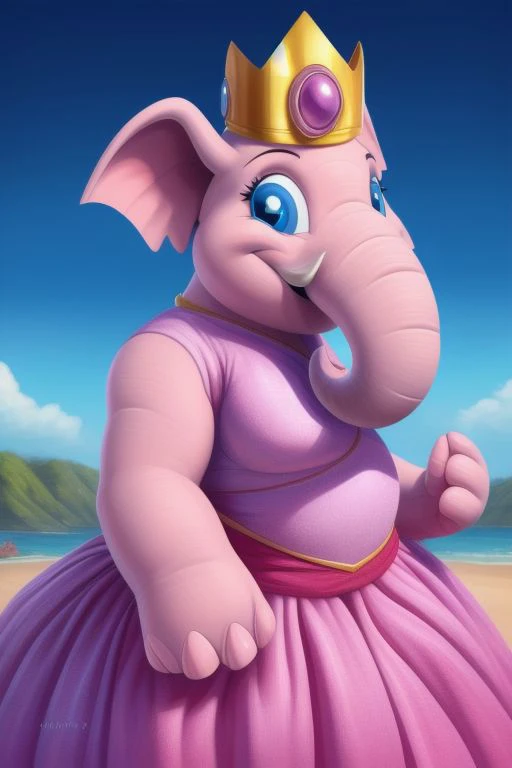 (8k, RAW photo, best quality, masterpiece:1.2) , elephante, <lora:Elephante:0.70>, pink skin, blue eyes, peachdress, crown