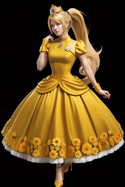 professional detailed (full body) photo, (samus aran) dressed in (puffy yellow and orange daisydress), (ponytail, hair tie), (puffy short sleeves, jewelry, dress, princess crown, flower brooch), masterpiece, best quality, 1girl, (perfect face, beautiful face, symmetric face)