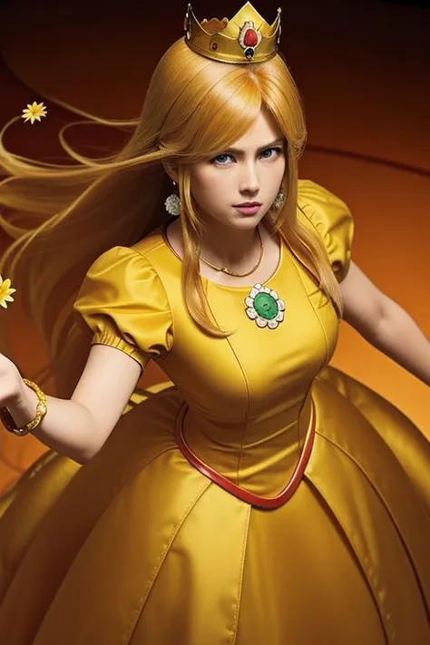 professional detailed (full body) photo, (samus aran) dressed in (puffy yellow and orange daisydress), (long straight hair), (puffy short sleeves, jewelry, dress, princess crown, flower brooch), masterpiece, best quality, 1girl, (perfect face, beautiful face, symmetric face)