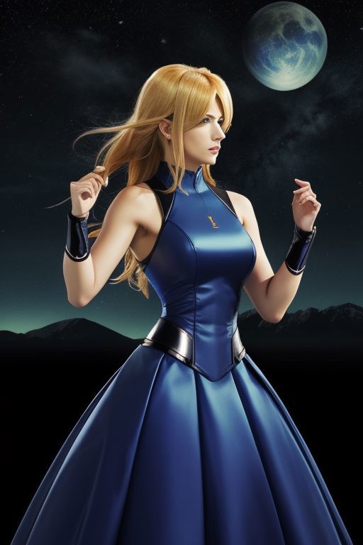 A woman in a blue dress holding a sword in front of a full moon - SeaArt AI