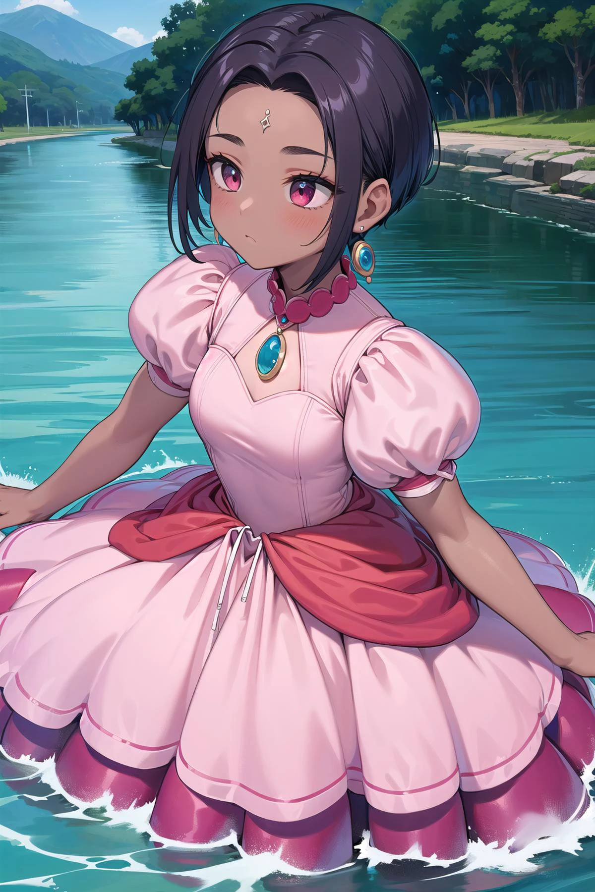 best quality, ultra-detailed, (1girl, solo, <lyco:princess_peach_dress_outfit-v1:1>,peachdress, puffy short sleeves, jewelry,dress, dark skin , hair pulled back, ;<, regular taper cut hair ), in a river