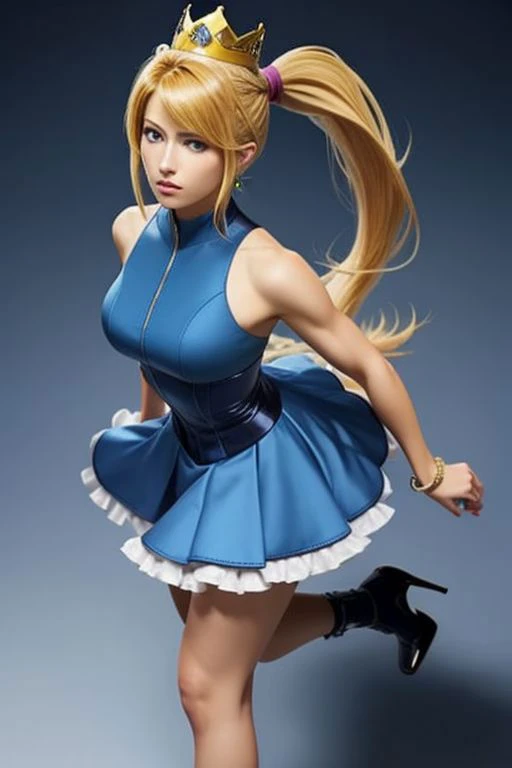 (samus aran) dressed in (blue peachdress), (ponytail, hair tie, high heels), (puffy short sleeves, jewelry, dress, princess crown), masterpiece, best quality, (perfect face, beautiful face, symmetric face)