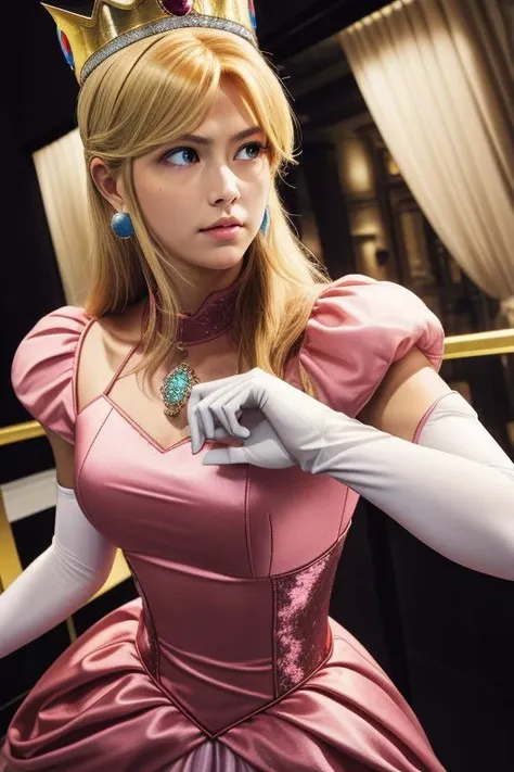 professional detailed (medium shot) photo, (samus aran) dressed in (puffy pink peachdress), (long straight blonde hair), (puffy short sleeves, jewelry, dress, princess crown, jewel brooch, white princess elbow gloves), masterpiece, best quality, 1girl, (perfect face, beautiful face, symmetric face)