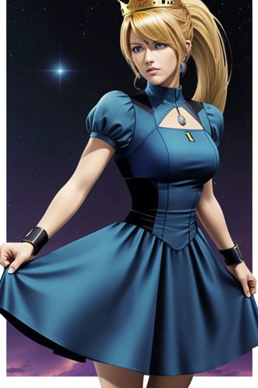 (samus aran) dressed in (blue peachdress), (ponytail, hair tie), (puffy short sleeves, jewelry, dress, princess crown),