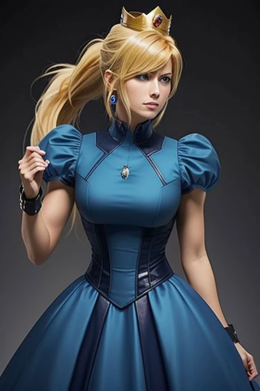 (samus aran) dressed in (blue peachdress), (ponytail, hair tie), (puffy short sleeves, jewelry, dress, princess crown), masterpiece, best quality, (perfect face, beautiful face, symmetric face)