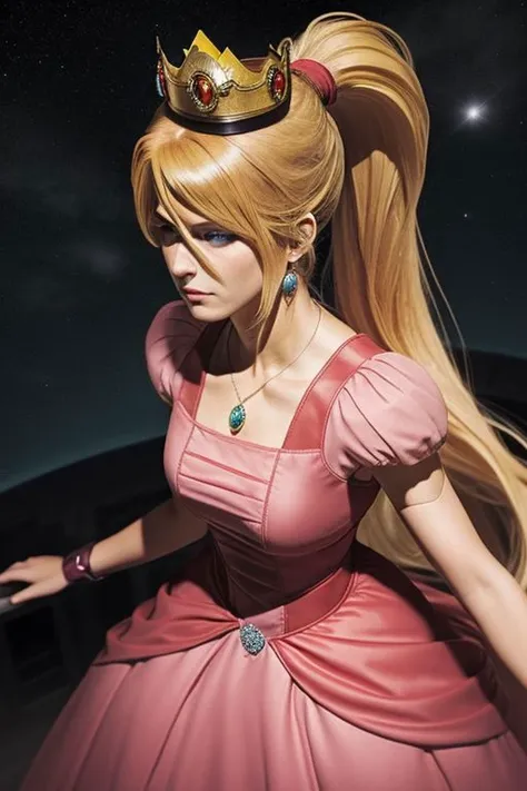 masterpiece, best quality, (samus aran) dressed in (pink peachdress), (ponytail, hair tie), (puffy short sleeves, jewelry, dress, princess crown), (perfect face, beautiful face, symmetric face)