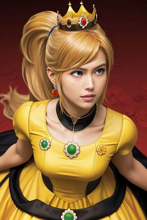 professional detailed (full body) photo, (samus aran) dressed in (puffy yellow and orange daisydress), (ponytail, hair tie), (puffy short sleeves, jewelry, dress, princess crown, flower brooch), masterpiece, best quality, 1girl, (perfect face, beautiful face, symmetric face)