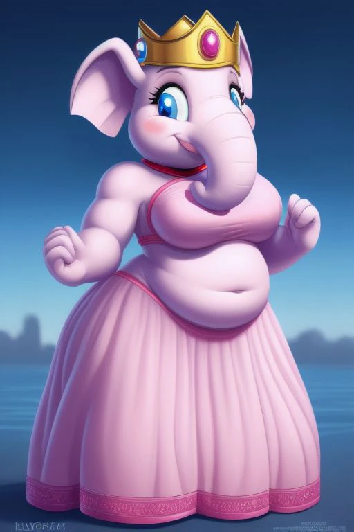 (8k, RAW photo, best quality, masterpiece:1.2) , elephante, <lora:Elephante:0.70>, pink skin, blue eyes, peachdress, crown, fat large woman