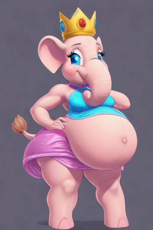 (8k, RAW photo, best quality, masterpiece:1.2) , elephante, <lora:Elephante:0.70>, pink skin, blue eyes, peachdress, crown, tiny breasts, big belly, large ass
