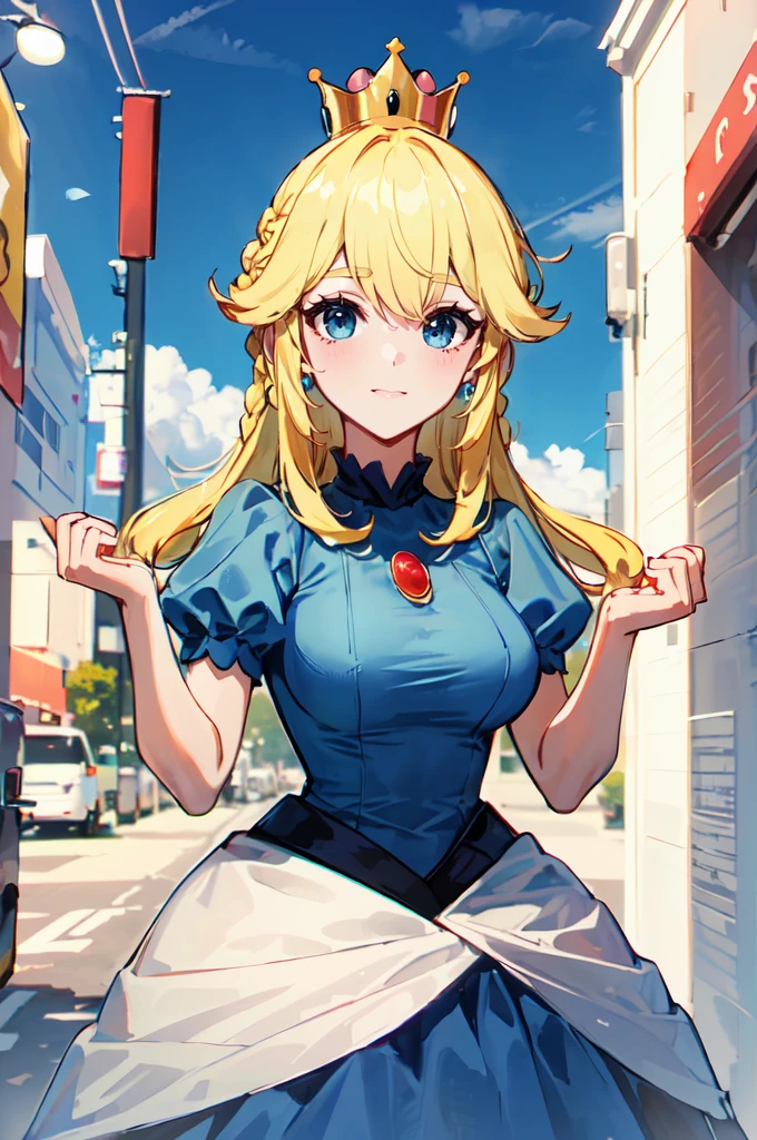 ultra detailed, masterpiece, best quality, solo, light smile,
1girl, blue eyes, (very long hair, blonde hair, long blonde hair:1.3), french braid, bangs, medium breasts,
<lora:princess_peach_dress_outfit-base-anylora-v1-1-1-000017_1_BiiIIMoOOo_WOF:1> peachdress, puffy short sleeves, jewelry, dress, blue dress, <lora:supercrown2:0.6> super crown,