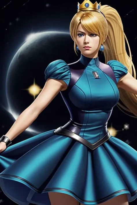 (samus aran) dressed in (blue peachdress), (ponytail, hair tie), (puffy short sleeves, jewelry, dress, princess crown), masterpiece, best quality, (perfect face, beautiful face, symmetric face)