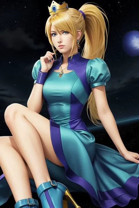 (samus aran) dressed in (blue peachdress), (ponytail, hair tie, high heels), (puffy short sleeves, jewelry, dress, princess crown),