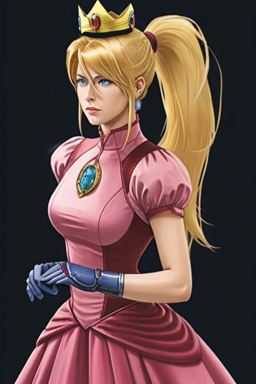 masterpiece, best quality, (samus aran) dressed in (pink peachdress), (ponytail, hair tie), (puffy short sleeves, jewelry, dress, princess crown), (perfect face, beautiful face, symmetric face)