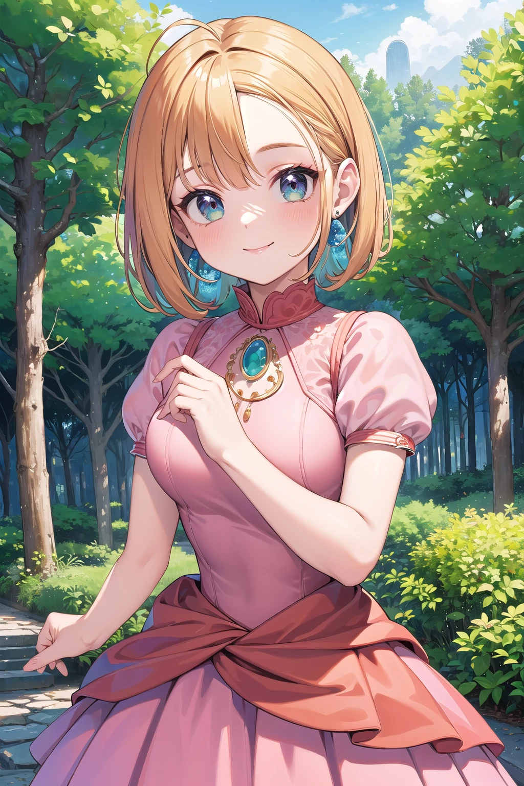 best quality, ultra-detailed, (1girl, solo, <lyco:princess_peach_dress_outfit-v1:1>,peachdress, puffy short sleeves, jewelry,dress, , diagonal bangs, smile, comb over hair ), in a forest clearing