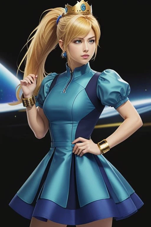 (samus aran) dressed in (blue peachdress), (ponytail, hair tie), (puffy short sleeves, jewelry, dress, princess crown),