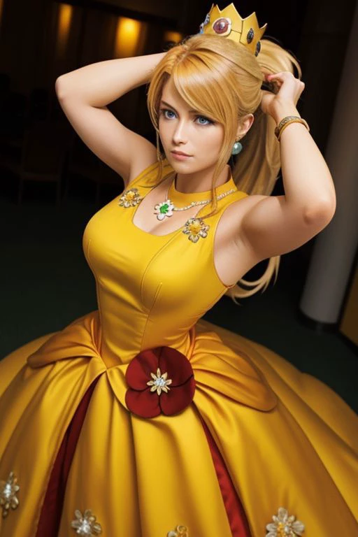 full shot, (samus aran) dressed in (puffy yellow and orange daisydress), (ponytail, hair tie), (puffy short sleeves, jewelry, dress, princess crown, flower brooch), masterpiece, best quality, 1girl, (perfect face, beautiful face, symmetric face)