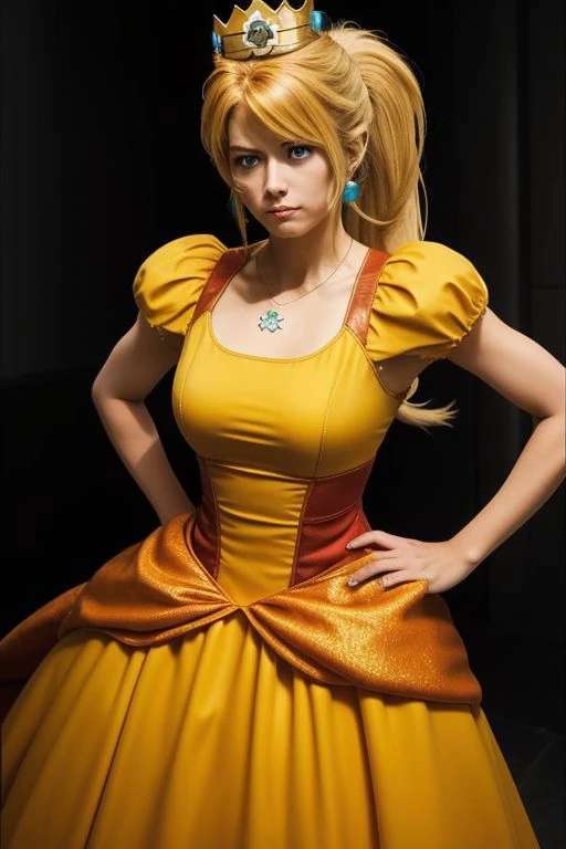 (samus aran) dressed in (puffy orange daisydress), (ponytail, hair tie), (puffy short sleeves, jewelry, dress, princess crown), masterpiece, best quality, (perfect face, beautiful face, symmetric face)