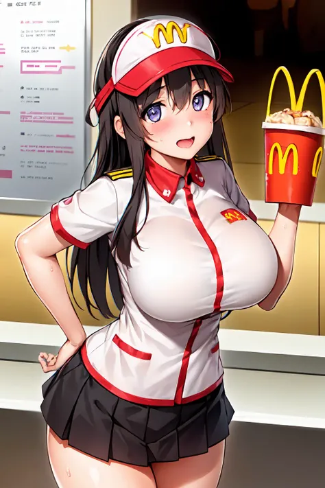 1girl,best quality, looking at viewer,(Masterpiece), (Best Quality), uniform,(visor cap:1.3),  <lora:miyamoto_madoka:0.6>, large breasts, mcdonald's, perfect face,