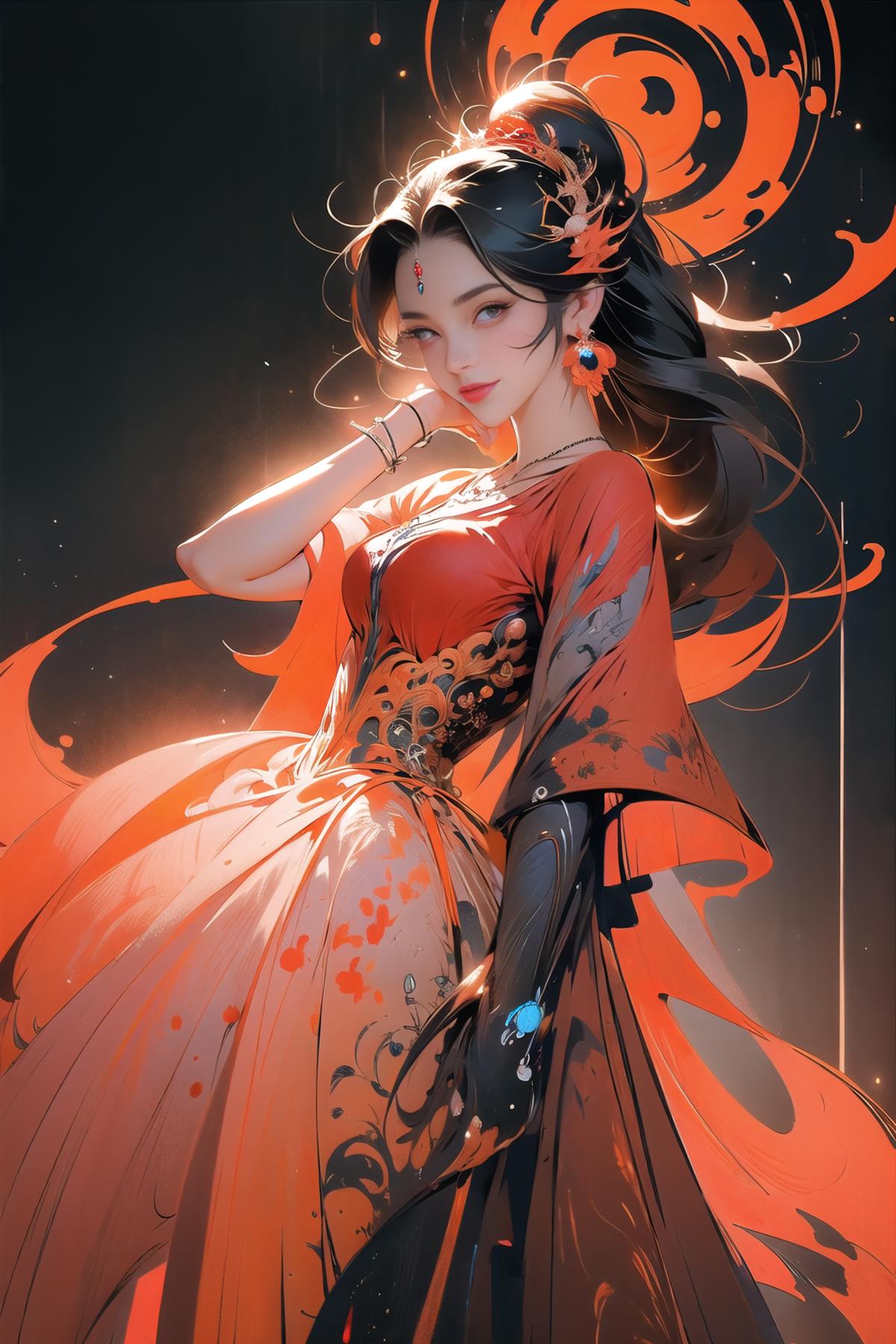 A woman in a red dress with a long hair and a red dress - SeaArt AI
