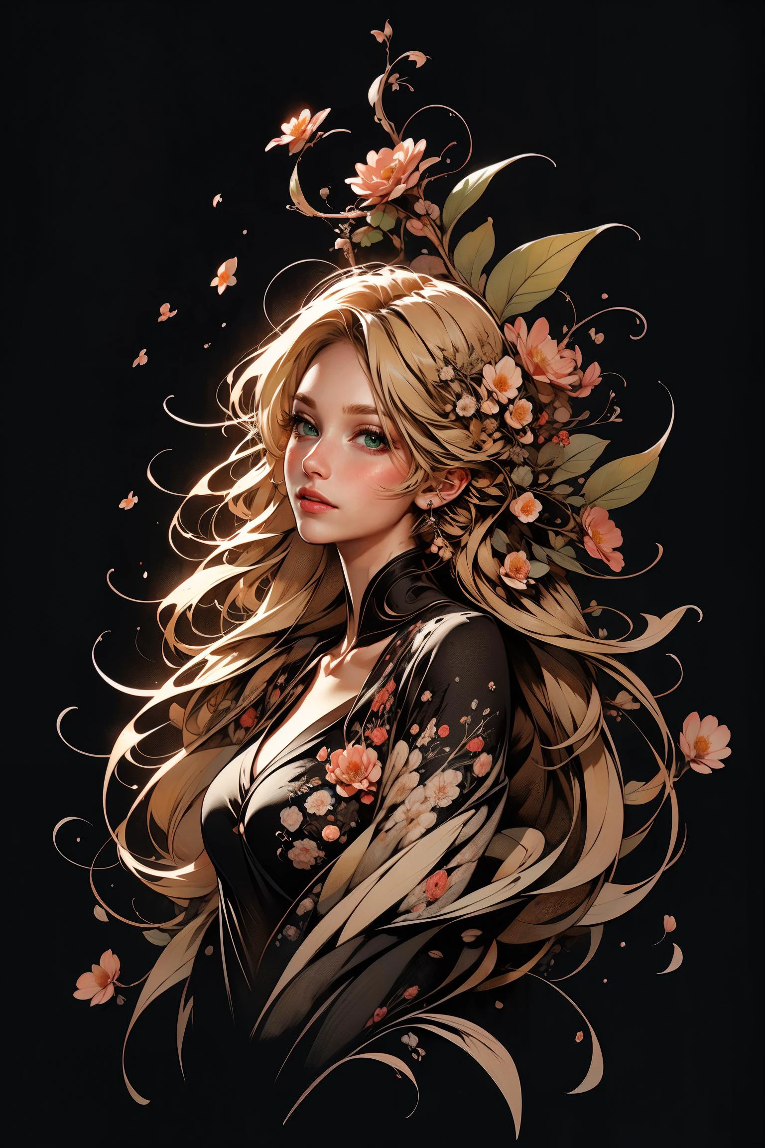 best quality, masterpiece, official art, unity 8k wallpaper, ultra detailed, beautiful and aesthetic, masterpiece, best quality, (zentangle, mandala, tangle, entangle), (fractal art:1.1), 1girl, (blonde hair, mid parted hair, straight hair, long hair:1.2), pronounced blush, beautiful green eyes, extremely detailed, dynamic angle, cowboyshot, the most beautiful form of chaos, elegant, a brutalist designed, vivid colours, romanticism, by james jean, roby dwi antono, ross tran, francis bacon, michal mraz, adrian ghenie, petra cortright, gerhard richter, takato yamamoto, ashley wood, atmospheric, ecstasy of musical notes, streaming musical notes visible, (flowers), pxint, (simple black background), meium breasts <lora:EnvyBeautyMix26:0.8> <lora:epi_noiseoffset2:0.5> <lora:AbstractPortrait_50_R:0.8>