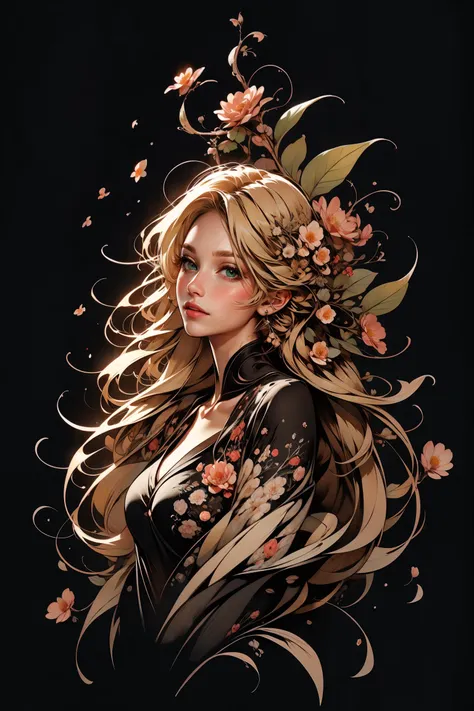 best quality, masterpiece,  official art, unity 8k wallpaper, ultra detailed, beautiful and aesthetic, masterpiece, best quality, (zentangle, mandala, tangle, entangle), (fractal art:1.1), 1girl, (blonde hair, mid parted hair, straight hair, long hair:1.2), pronounced blush, beautiful green eyes,  extremely detailed, dynamic angle, cowboyshot, the most beautiful form of chaos, elegant, a brutalist designed, vivid colours, romanticism, by james jean, roby dwi antono, ross tran, francis bacon, michal mraz, adrian ghenie, petra cortright, gerhard richter, takato yamamoto, ashley wood, atmospheric, ecstasy of musical notes, streaming musical notes visible, (flowers), pxint, (simple black background), meium breasts <lora:EnvyBeautyMix26:0.8> <lora:epi_noiseoffset2:0.5> <lora:AbstractPortrait_50_R:0.8>