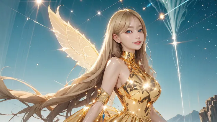 (ultimate beauty global kpop idol star:1.4), wearing a (crystalline dress),blonde hair, absurdly long hair, (beautiful big blue eyes:1.3),(huge breasts:1.2),(starry night:1.3), (reflecting fairy wings:1.3), fairy dress,short tail,(extremely super amazing hyper ultra intricate detail:1.3),<lora:crystalline_dress-SD-2.0:1:lbw=CLOTHING>,
(Clothing that reflects light in an incredibly sparkling reflecting dazzling flashing way:1.3),(reflection effects:1.3),(light particles:1.3),(floating lens flares:1.3),(light reflecting gold hair:1.3),<lora:Floor-Length Hair:0.4>,(persfective view:1.5),(night field:1.2),(all sky fills starlight:1.3),(wide shot:1.2)
<lora:Fuka07:1:lbw=FACE>,makeup,crimson lips,seductive smile,(amazing big eyes:1.2),(brilliant perl mixed very long eyelashes:1.3),