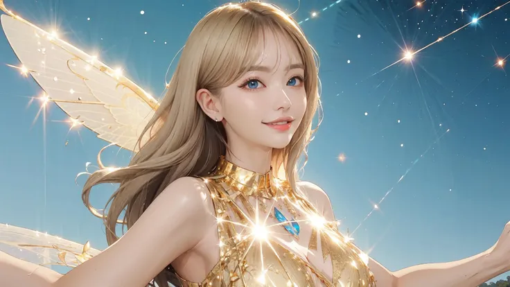 (ultimate beauty global kpop idol star:1.4), wearing a (crystalline dress),blonde hair, absurdly long hair, (beautiful big blue eyes:1.3),(huge breasts:1.2),(starry night:1.3), (reflecting fairy wings:1.3), fairy dress,short tail,(extremely super amazing hyper ultra intricate detail:1.3),<lora:crystalline_dress-SD-2.0:1:lbw=CLOTHING>,
(Clothing that reflects light in an incredibly sparkling reflecting dazzling flashing way:1.3),(reflection effects:1.3),(light particles:1.3),(floating lens flares:1.3),(light reflecting gold hair:1.3),<lora:Floor-Length Hair:0.4>,(persfective view:1.5),(night field:1.2),(all sky fills starlight:1.3),(wide shot:1.2)
<lora:Fuka07:1:lbw=FACE>,makeup,crimson lips,seductive smile,(amazing big eyes:1.2),(brilliant perl mixed very long eyelashes:1.3),