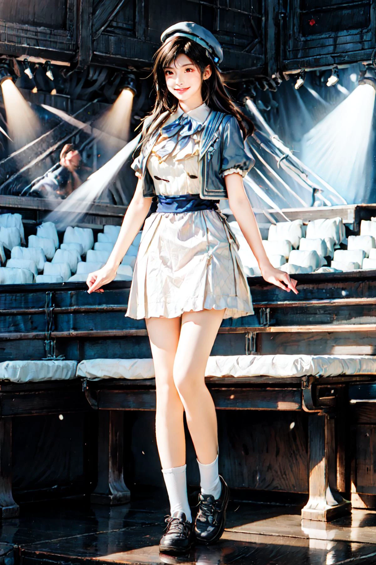 <lora:MIAOKA_tifa:0.82>, ((tifa lockhart)):1.25, a woman singing on stage, idol smile,
<lora:idol_costume_style10_v1:0.7>, (idol clothes,dress,collared dress,jacket,cropped jacket,short sleeves,bowtie,bow,buttons,hat,beret):1.23,
BREAK 1woman, ((young woman)), adorable, clear face, solo, (((full body))):1.34, ((curvy body, slender, multicolor black brown hairs, red eyes)):1.2,
BREAK soft light, light on face, cinematic lighting, detailed(shadow),
BREAK <lora:add_detail:0.45>, extremely detailed, CG, finely detailed, (masterpiece, best quality):2.0, ((photorealistic:1.15)),
BREAK <lora:uber_saggy2:0.68>, saggy, sagging_breasts, ((huge breasts)), <lora:Front face lighting åé¢ã©ã¤ãã¢ãã v2:0.52>,
((detailed stage, indoors, idol, stage lighting, stage spotlight)),
