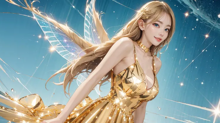 (ultimate beauty global kpop idol star:1.4), wearing a (crystalline dress),blonde hair, absurdly long hair, (beautiful big blue eyes:1.3),(huge breasts:1.2),(starry night:1.3), (reflecting fairy wings:1.3), fairy dress,short tail,(extremely super amazing hyper ultra intricate detail:1.3),<lora:crystalline_dress-SD-2.0:1:lbw=CLOTHING>,
(Clothing that reflects light in an incredibly sparkling reflecting dazzling flashing way:1.3),(reflection effects:1.3),(light particles:1.3),(floating lens flares:1.3),(light reflecting gold hair:1.3),<lora:Floor-Length Hair:0.4>,(persfective view:1.5),(night field:1.2),(all sky fills starlight:1.3),(wide shot:1.2)
<lora:Fuka07:1:lbw=FACE>,makeup,crimson lips,seductive smile,(amazing big eyes:1.2),(brilliant perl mixed very long eyelashes:1.3),