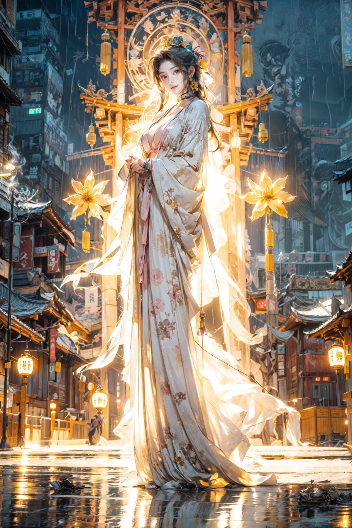 <lora:FF7Aerith:0.75>, (aerith gainsborough, choker, hair bow, bracelet, very long hair, hair ribbons, jumping, idol posture, cheerful smile, White and blue Taoist robe, (((no text, no font)))):1.22,
<lora:guanyin_20230801144229:0.9>, ((top mountain, hi-tech, sci-fi, cyberpunk style, guanyin, ((yellow flowers)), scenery, rain, hologram, Chinese gods, myths and legends, smoke, tension lens, backlight, luminous clothing, pink clothes,)),
BREAK ((1woman, young woman, adorable, clear face, young face, solo)), (((full body))):1.34, (milky skin, curvy body, slender body, idol vibe),
BREAK soft light, cinematic lighting, detailed(shadow, glow),
BREAK <lora:add_detail:0.5>, extremely detailed, ,4K, CG, finely detailed, (masterpiece, best quality):2.0, ((photorealistic:1.15)),
BREAK <lora:uber_saggy2:0.68>, saggy, sagging_breasts, ((large breasts)), <lora:Front face lighting åé¢ã©ã¤ãã¢ãã v2:0.36>, <lora:GoodHands-vanilla:0.75>,