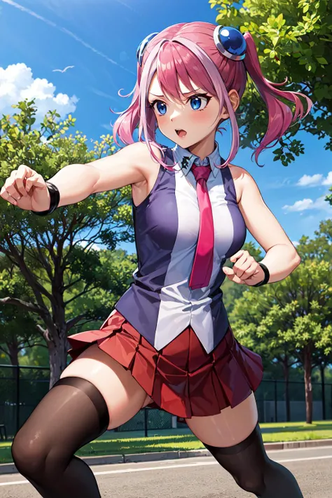 masterpiece, best quality, highres, hy1, hair ornament, multicolored hair, necktie, skirt, sleeveless, school uniform, black thighhighs, jewelry, <lora:hiiragi_yuzu_v1:0.7>, outdoors, fighting stance,