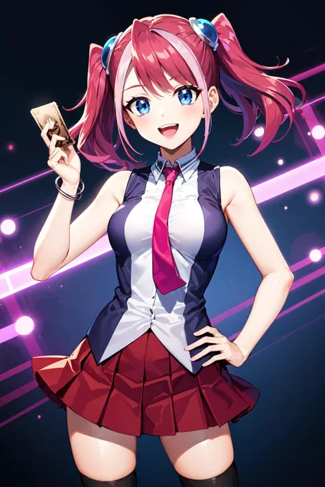 masterpiece, best quality, highres, hy1, hair ornament, multicolored hair, necktie, skirt, sleeveless, school uniform, black thighhighs, jewelry, <lora:hiiragi_yuzu_v1:0.7>, cowboy shot, holding card, smile, open mouth, hand on hip,