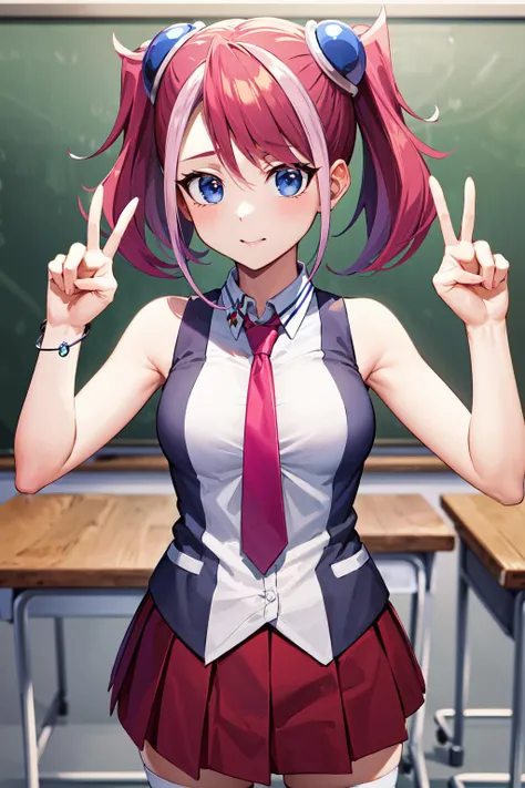 masterpiece, best quality, highres, hy1, hair ornament, multicolored hair, necktie, skirt, sleeveless, school uniform, black thighhighs, jewelry, <lora:hiiragi_yuzu_v1:0.7>, cowboy shot, classroom, peace sign, hand on hip,