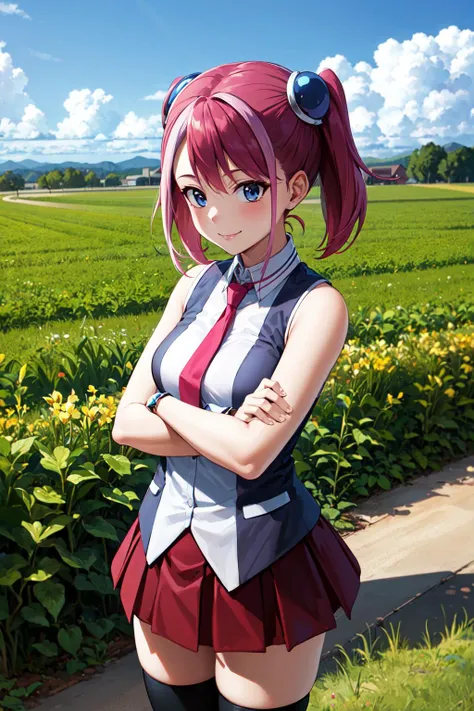 masterpiece, best quality, highres, hy1, hair ornament, multicolored hair, necktie, skirt, sleeveless, school uniform, black thighhighs, jewelry, <lora:hiiragi_yuzu_v1:0.7>, cowboy shot, field, smile, crossed arms,