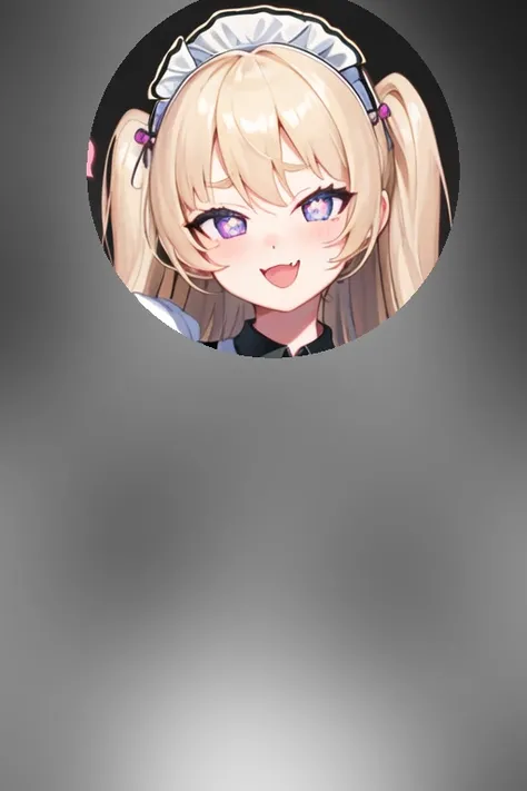 best quality, masterpiece, highres, solo, {maid:1.40}, {long maid dress:1.15}, {bache_azurlane:1.15}, long_hair, blonde_hair, purple_eyes, smile, open_mouth, bangs, blush, two_side_up, breasts, fang, hat, small_breasts, symbol-shaped_pupils, navel, black_headwear, heart-shaped_pupils