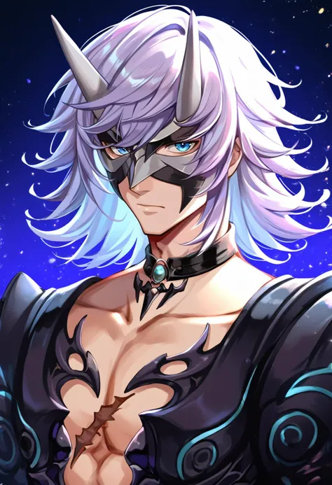 (score_9:0.9),score_8_up,score_7_up,anime style,rating_safe,(zPDXL),<lora:XB2 Jin ponyXL v3:0.7>,Jin-xb2,black armor,true form,1boy,male focus,solo,weapon,upper body,looking at viewer,closed mouth,collarbone,oni mask,scar on chest,