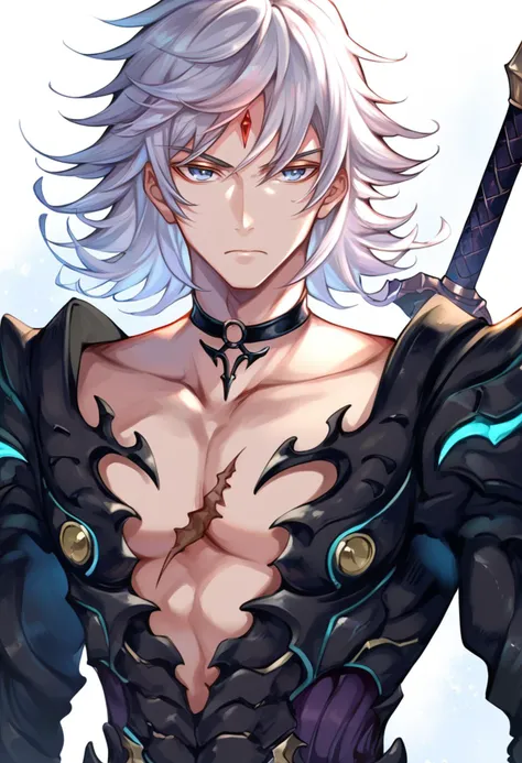 (score_9:0.9),score_8_up,score_7_up,anime style,rating_safe,(zPDXL),<lora:XB2 Jin ponyXL v3:0.7>,Jin-xb2,black armor,true form,1boy,male focus,solo,weapon,upper body,looking at viewer,closed mouth,collarbone,red forehead jewel,scar on chest,