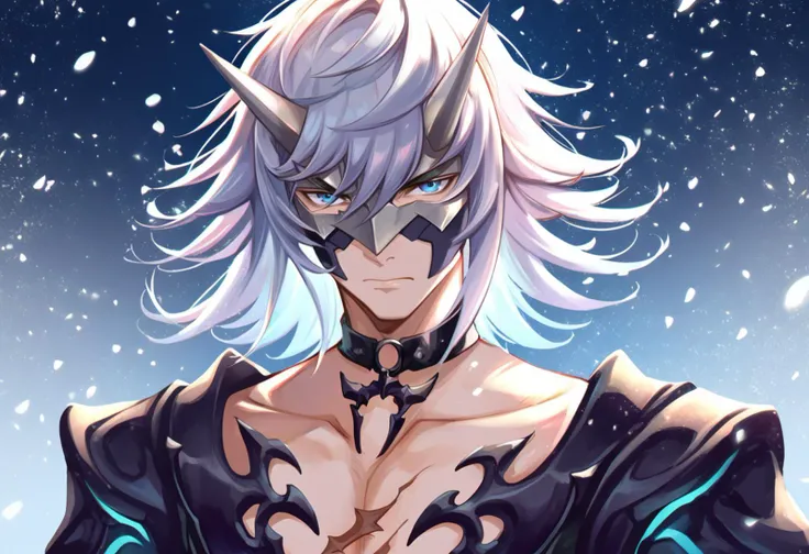 (score_9:0.9),score_8_up,score_7_up,anime style,rating_safe,(zPDXL),<lora:XB2 Jin ponyXL v3:0.7>,Jin-xb2, black armor, true form, 1boy, male focus, solo, weapon, upper body, looking at viewer, closed mouth, collarbone, oni mask, scar on chest,, snow, low light