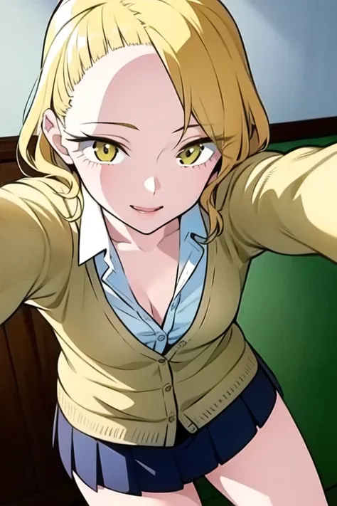 1girl ,cleavage, looking at viewer, detailed, high quality, joy, happy, detailed eyes, elegant, detailed background, daylight, warm lighting, thin lineart, blonde hair, colorful, asymmetrical hair, realistic, (full body:0.7), photo realistic, yellow eyes, wearing white button shirt, pleated skirt, <lora:AnnaAnjou:0.8>, cream cardigan, medium shot