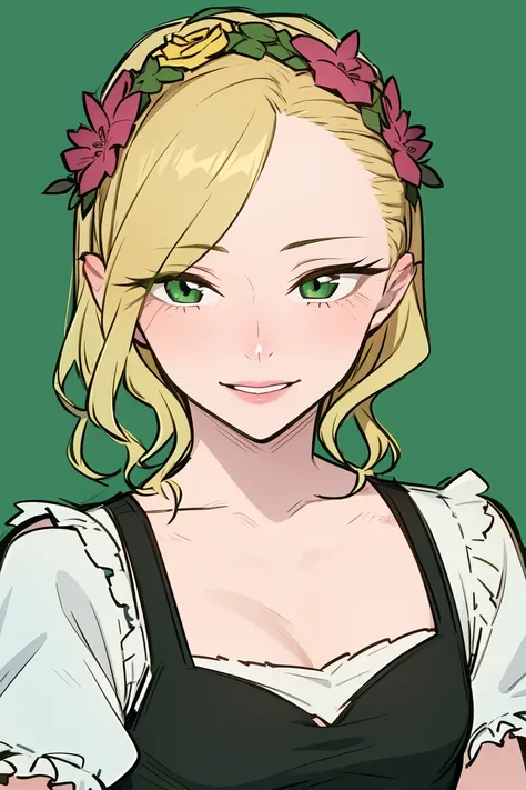 1girl ,cleavage, looking at viewer, detailed, high quality, joy, happy, detailed eyes, <lora:ratatatat74-32dim:0.3>, wearing green black Dirndl dress, <lora:AnnaAnjou:0.9> , elegant, flower crown, detailed background, realistic background, daylight, warm lighting, thin lineart, blonde hair, colorful, asymmetrical hair, realistic,
