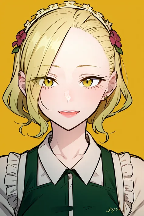 1girl , looking at viewer, detailed, high quality, joy, happy, detailed eyes, <lora:ratatatat74-32dim:0.5>, wearing green black Dirndl dress oktoberfest, <lora:AnnaAnjou:0.9>, elegant, flower crown, detailed background, realistic background, daylight, warm lighting, thin outlines, thin lineart, blonde hair, colorful, medium shot, yellow eyes, yellow iris, short hair, asymmetrical hair,